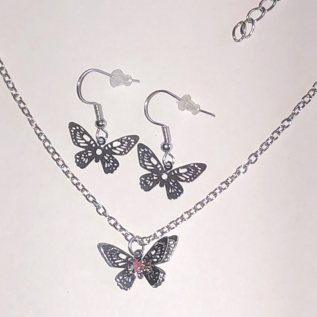 Silver Tone Butterfly Necklace And Earring Set With Pink Accent